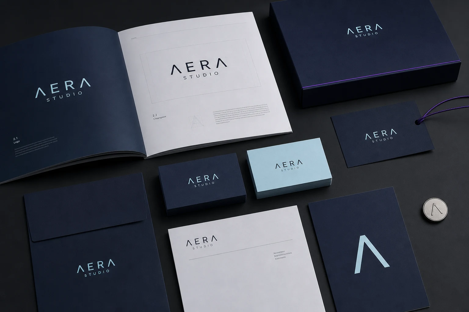 Fiktives Corporate-Identity-System von AERA Studio mit Brand Guide, Geschäftsausstattung und Verpackung