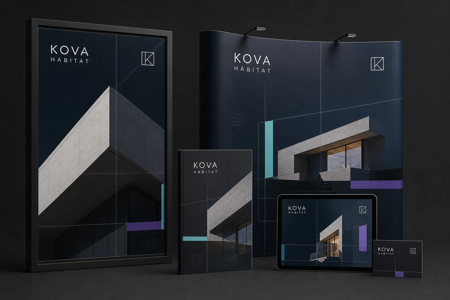 Fiktive crossmediale Kampagne von KOVA HABITAT mit Poster, Messestand, Broschüre und Digitalanzeige