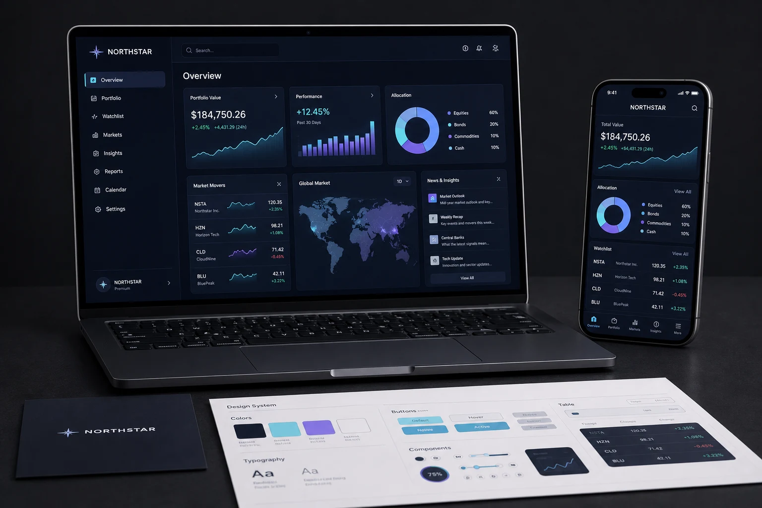 Fiktive NORTHSTAR Finanzanwendung als responsives Desktop- und Mobile-Interface