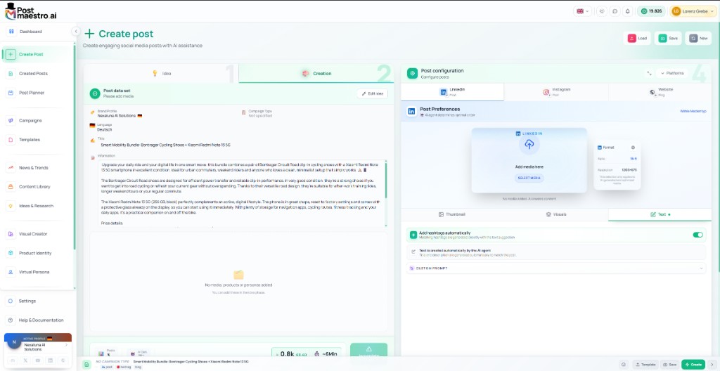 PostMaestro-Oberfläche zum Erstellen und Konfigurieren eines Social-Media-Beitrags
