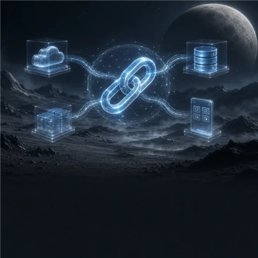 Leuchtendes Kettenglied verbindet Cloud, Datenbank und Anwendungen